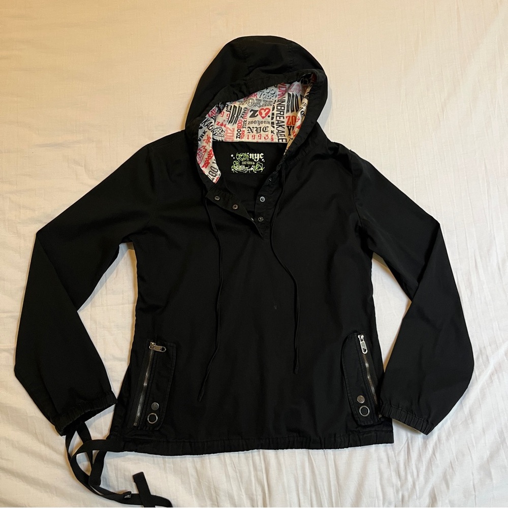 Black Zoo York Y2K Lightweight Hoodie with Waist tie, front buttons and pockets - Picture 6 of 13